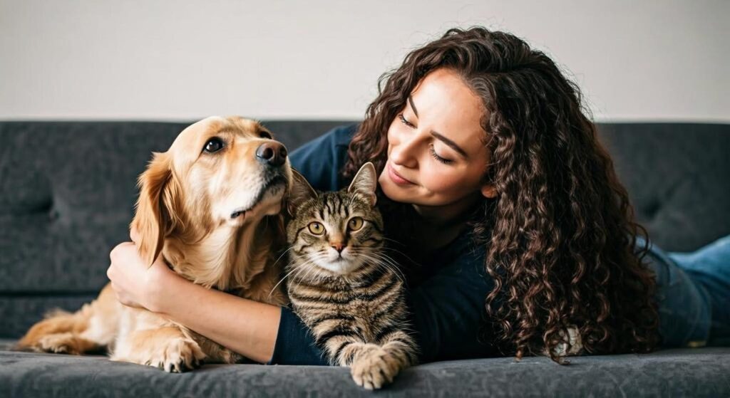 Woman cuddling a golden retriever and tabby cat on a couch